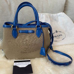 AUTHENTIC PRADA LOGO JACQUARD AZZURRO BLUE LEATHER TRIM CROSSBODY 1BA172 NWOT